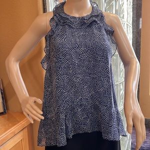Diane Von Furstenberg-Navy & White Polka Dot Ruffled Silk Halt Top Sz S
